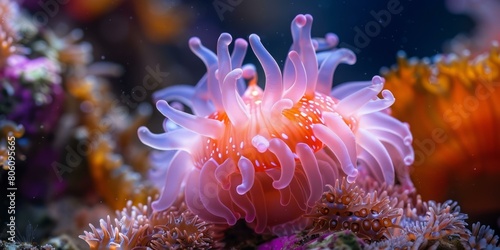 A beautiful sea anemone with pink and white tentacles