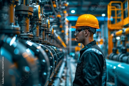 technician wearing hardhat inspecting industrial machinery