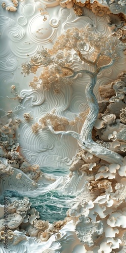 White and gold 3D tree and ocean waves wall sculpture