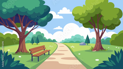 A paved path through a community park surrounded by majestic oak trees and dotted with benches designed for mindfully wandering and enjoying the. Vector illustration