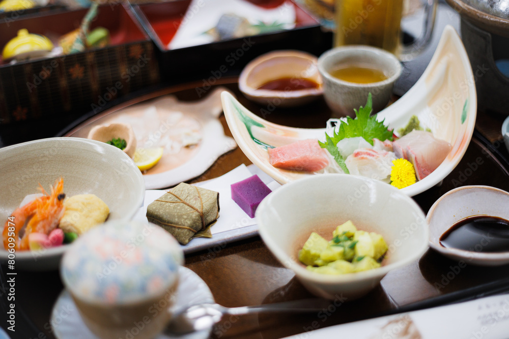 Japanese banquet in a ryokan, Japanese hostel, including sashimi, Japanese banquet in a ryokan, Japanese hostel, including sashimi,