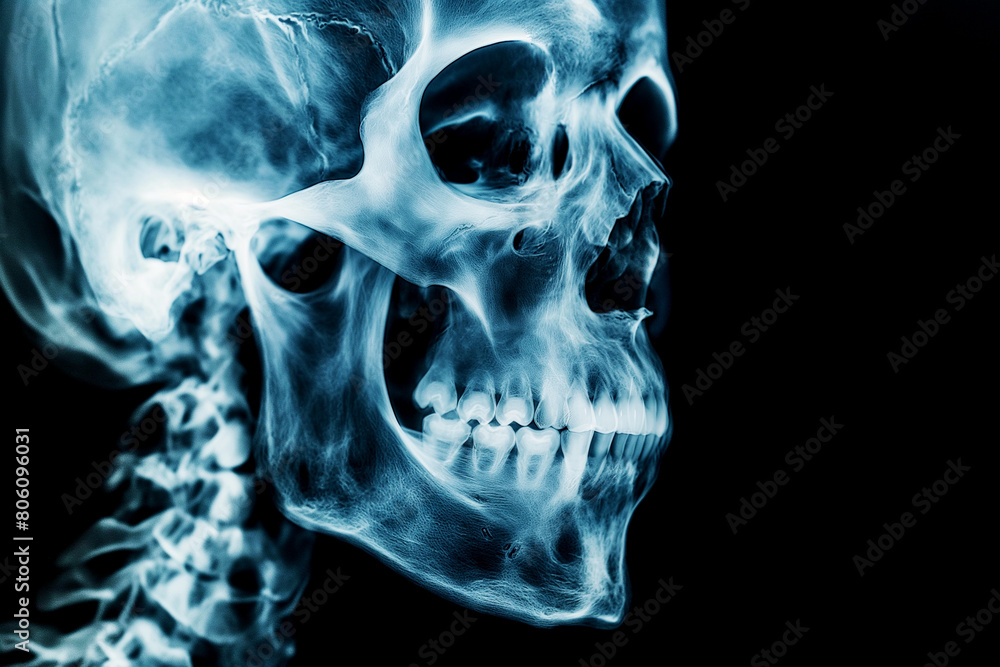Fototapeta premium X-ray film human's skull and cervical spine lateral view, close up