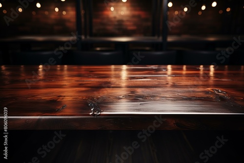Close-up of an empty wooden table with a blurred background of a restaurant