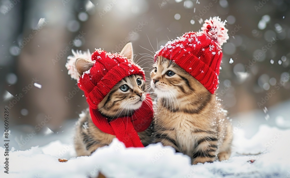 Two cute kittens wearing red hats and scarves playing in the snow. Two cute kittens wearing red hats and scarves playing in the snow.