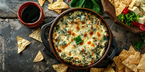 Spinach Artichoke Dip with Tortilla Chips and Salad