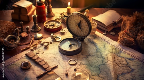 An illustration of an old map and compass on a table photo