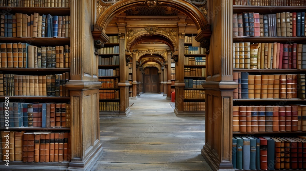 The image shows a library with bookshelves and a long hallway.