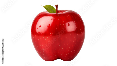 A shiny red apple with a green stem and leaf.