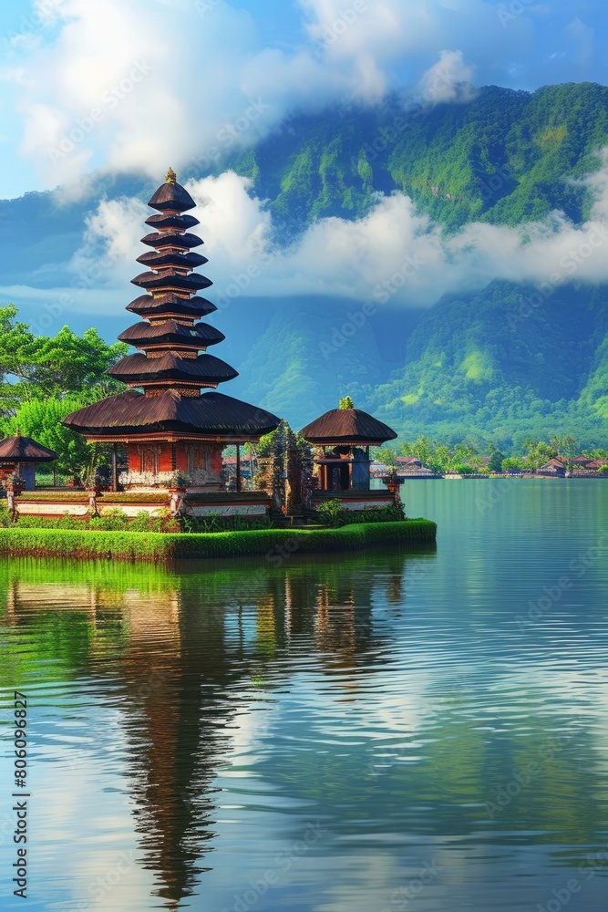 Balinese temple on the lake with a mountain backdrop Balinese temple on the lake with a mountain backdrop