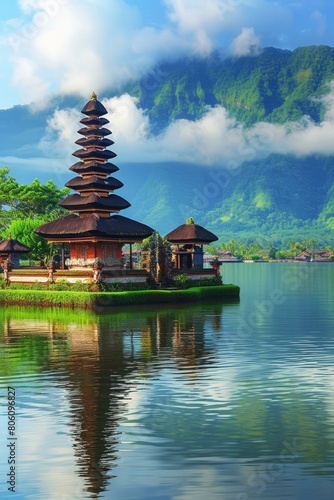 Balinese temple on the lake with a mountain backdrop
