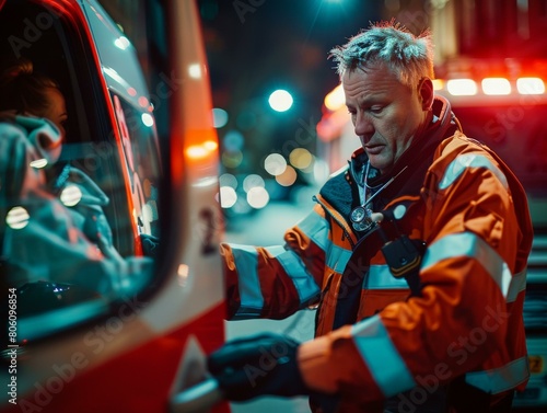 paramedic opening ambulance door at night © Adobe Contributor