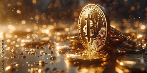 Bitcoin Cryptocurrency represented as Gold Coins. Digital Banking Background.