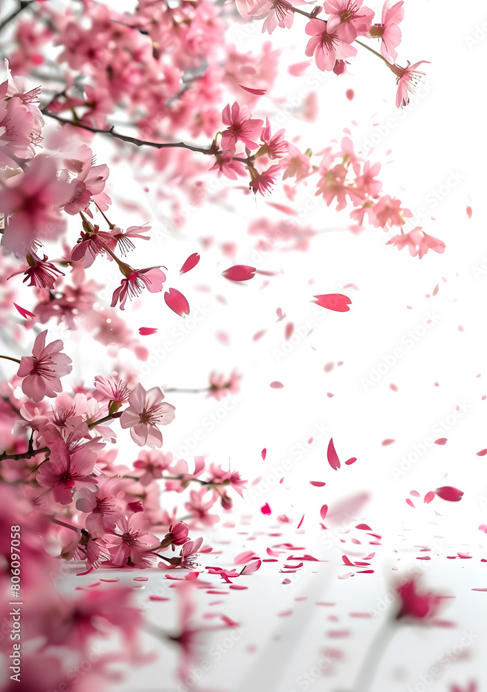Pink petals falling from the flowering cherry tree