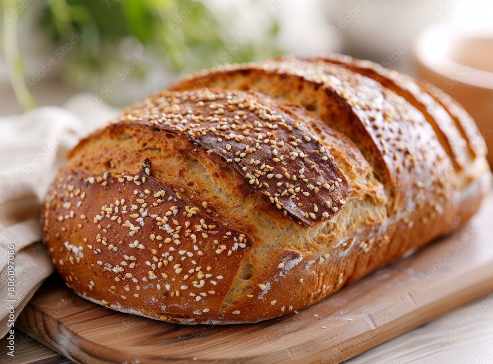 Loaf of bread with sesame seeds on a wooden board Loaf of bread with sesame seeds on a wooden board