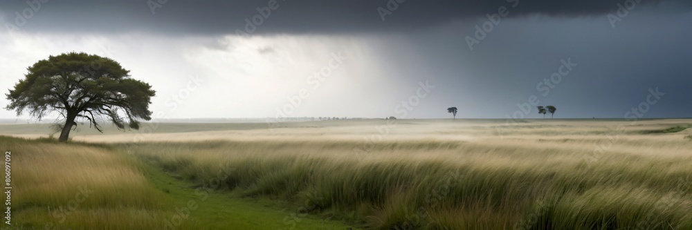 tree and grass leaning under the strong wind, grey clouds, stormy atmosphere