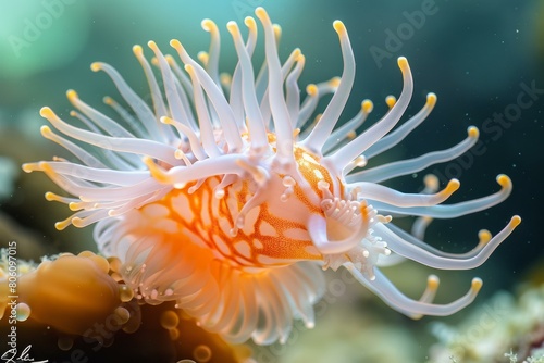 Orange And White Sea Anemone Close Up Underwater