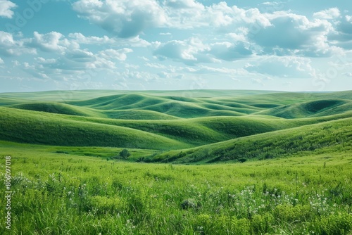 Green rolling hills under blue sky and white clouds © Adobe Contributor