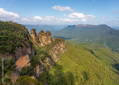 View of the Three Sisters and the Blue Mountains, New South Wales, Australia 