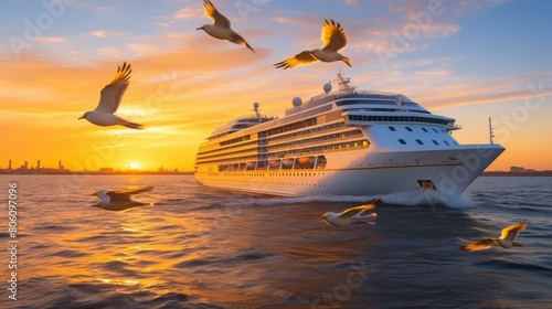 Cruise ship at sunset with seagulls flying around photo