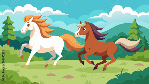 A majestic horse and a playful pony gallop through a virtual meadow neighing and whinnying as they race to see whos faster.. Vector illustration