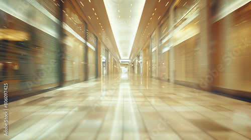 Blurry background of the mall  interior of a modern  well lit shopping mall with a glossy floor blurry photo of a hallway endless hallways  indoor liminal space