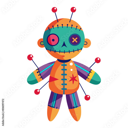 Colorful voodoo doll with needles in vintage style isolated vector illustration