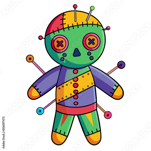 Colorful voodoo doll with needles in vintage style isolated vector illustration