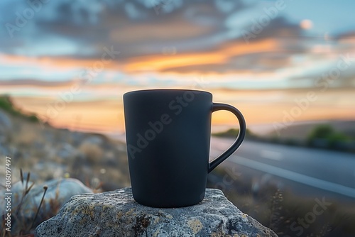 A contemporary, matte black coffee cup, standing on a roadside stone with the highway and sunrise blurred in the distance. photo