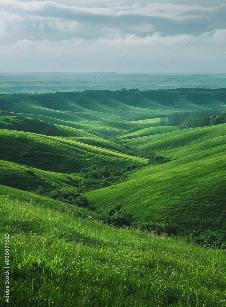 Obraz premium Green rolling hills under a cloudy sky