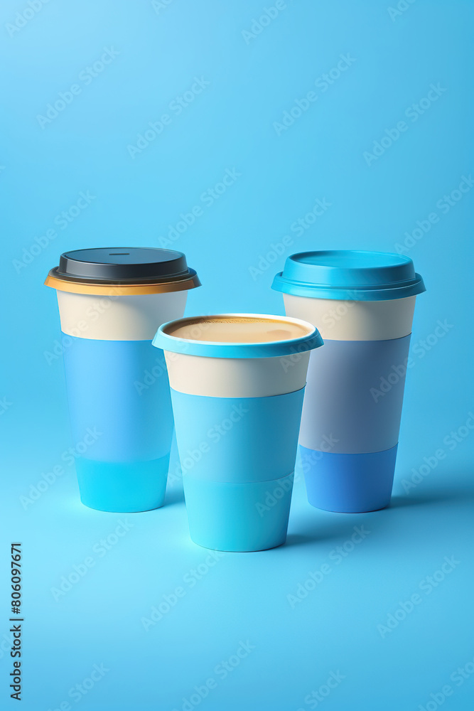 three cardboard cups for coffee without text float in the air on a blue background,Ai generated illustration three cardboard cups for coffee without text float in the air on a blue background,Ai generated illustration