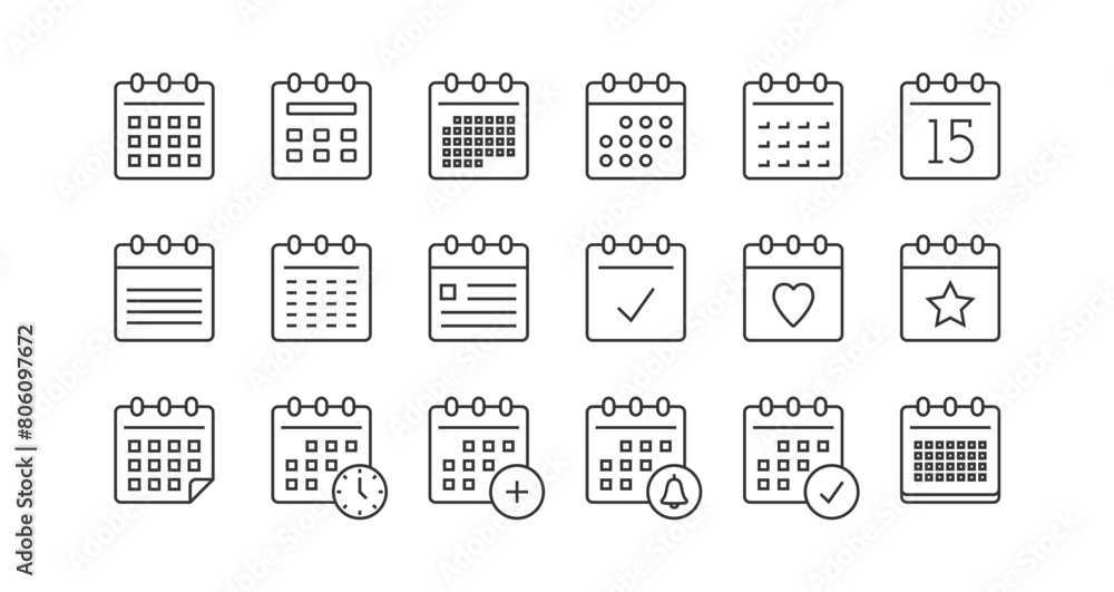 Calendar line icons set on white background, vector eps10 illustration Calendar line icons set on white background, vector eps10 illustration