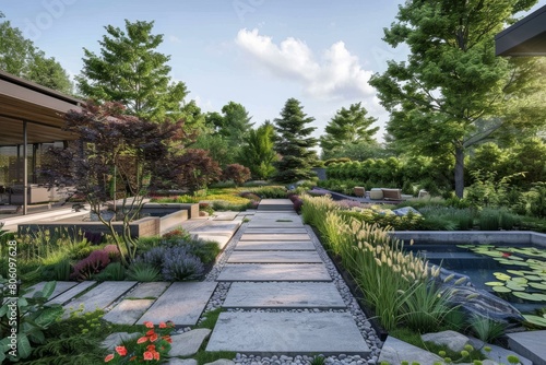 Modern Zen Garden with Stepping Stones and Plants