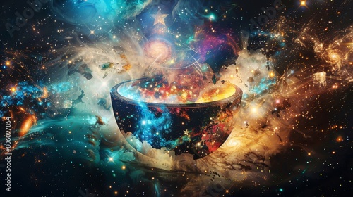 Surreal art poster with the stomach depicted as a mystical container of cosmic stars and galaxies, intriguing and thoughtprovoking