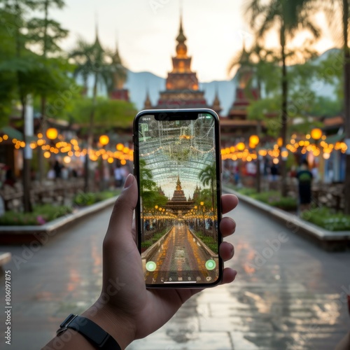 A hand holding a smartphone in front of a Thai temple photo