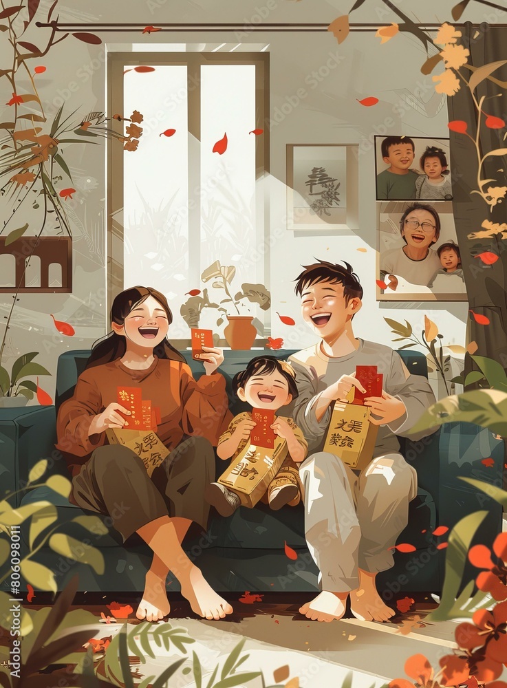 A family of three is sitting on the couch and celebrating Chinese New Year A family of three is sitting on the couch and celebrating Chinese New Year