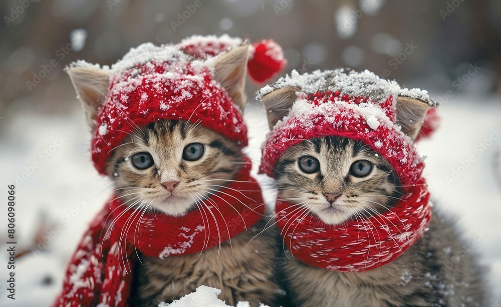 Two cute kittens wearing red hats and scarves playing in the snow. Two cute kittens wearing red hats and scarves playing in the snow.
