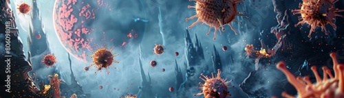 Surreal art poster symbolizing the immune system as a fortress defending against microbial invaders, creative for artistic spaces or educational use photo
