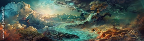 Surreal art poster depicting the flow of bile as a river nourishing a fantastical landscape, creative and thoughtprovoking for artistic venues photo