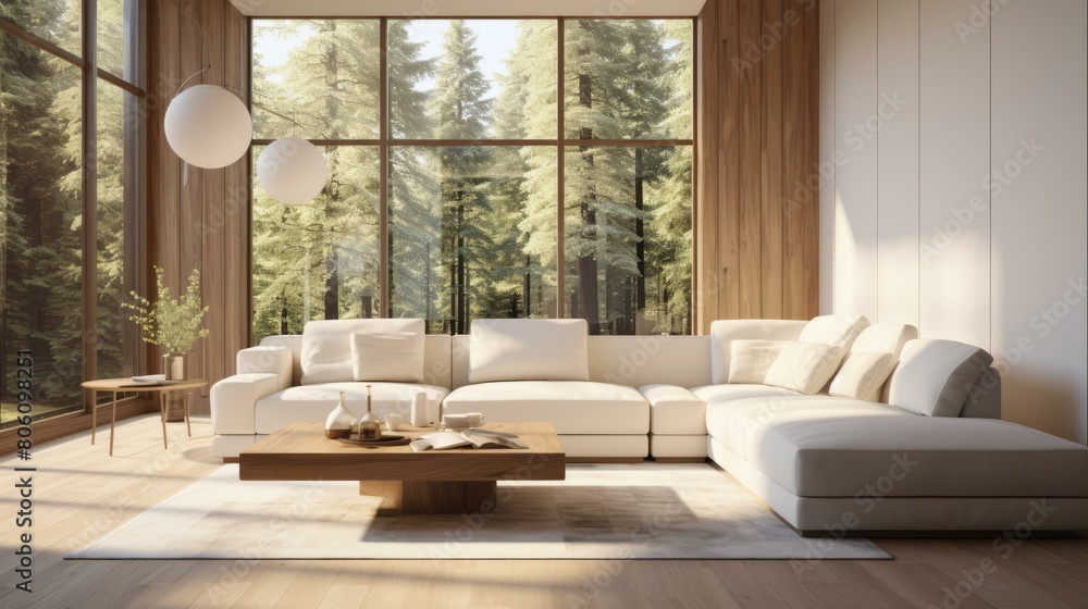 A modern living room with a large windows A modern living room with a large windows
