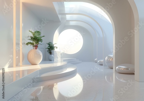 Futuristic White Interior Space with Plants