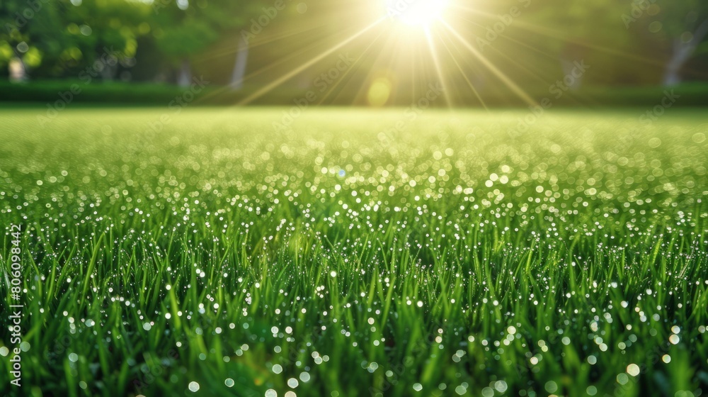 Close-up of green grass field with morning dew and sunlight