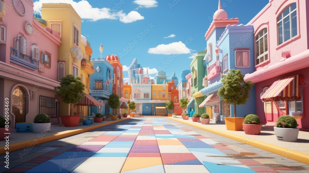 Fototapeta premium A colorful 3D rendering of a street with mismatched buildings and a blue sky