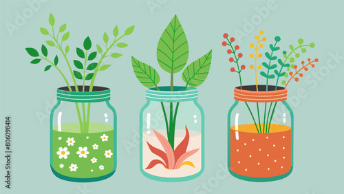 A set of handpainted upcycled mason jar planters for a touch of greenery.. Vector illustration