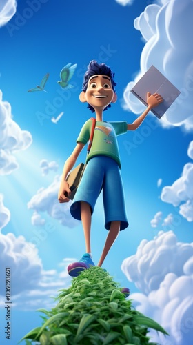 Cartoon character of a boy standing on a grassy hilltop holding a book with birds flying around him