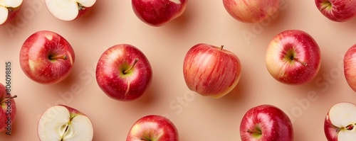 Creative pattern made of apple on beige background. Flat lay.
