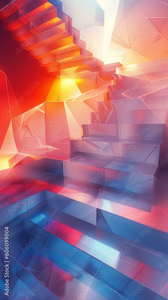 Fototapeta premium Red and blue geometric shapes form an abstract staircase.