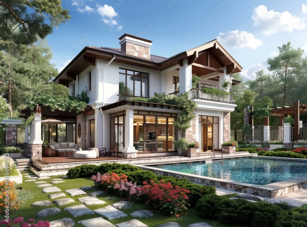 A luxurious two-story house with a pool and a beautiful garden
