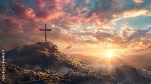 Jesus cross on mountain hill christian son of god resurrection easter concept sunrise new day christ holy hyper realistic  photo