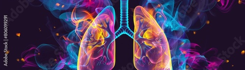 Modern graphic poster showing lungs with air flow patterns, vibrant colors on a dark background, suitable for science classrooms photo