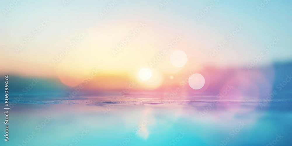 Blurred light blue and white gradient background with blurred sun rays, sunset, fog, and bokeh effect. Abstract blurred  background with soft light, pastel colors